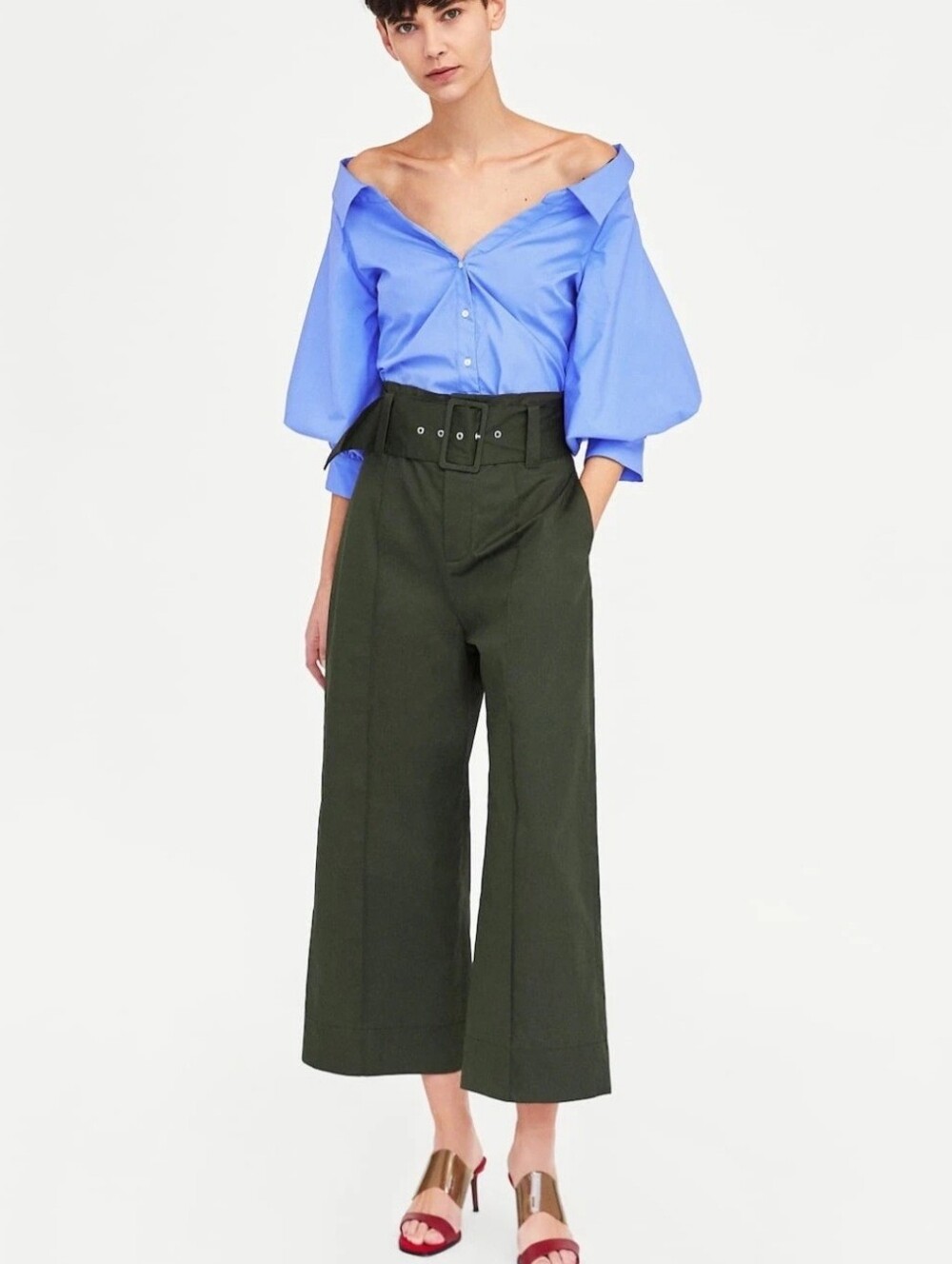 Zara High Waist Poplin Wide Leg Ankle Trouser Dark Green Womens Small